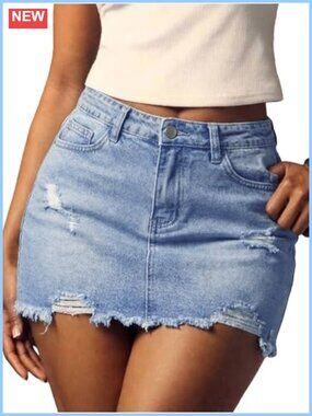 Y2K Ripped Denim Mini Skirt Bodycon Raw Hem Cotton Jean Skirt